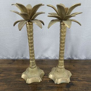 Vintage Brass Palm Tree Candle Sticks Holder Tropical Hawaiian 12 "