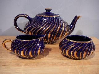 Vintage Arthur Wood Georgian Cobalt Blue & Gold Teapot Cream & Sugar