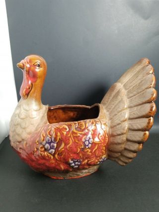 Vintage Ceramic Bird Turkey Planter Centerpiece Vase Grapes Red Purple Folk Art