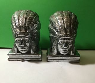 Vintage Silver Painted Cast Iron? Metal Native American Indian Chief Bookends