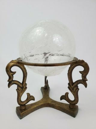 Vintage Crackle Glass Ball On Brass Stand Healing Sphere Art Nouveau