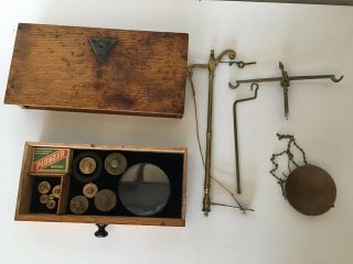 Fine Antique Apothecary London Made Brass Balance Scales & Weights