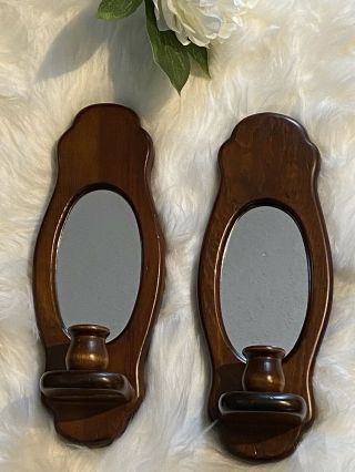 2 Vintage Wall Sconces Wood.  With Mirror.  Wooden Candle Holders.  12” Tall.