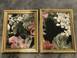 Vintage Framed 40s Floral Barkcloth Fabric Wall Decor Set Of 2 Gold Wood Frames
