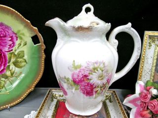 Bavaria Germany Chocolate Pot Lilac And Carnations Pink Full Size Teapot German
