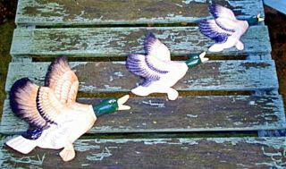 Vintage Retro Kitsch Graduated Ceramic Flying Ducks Wall Plaques Set Of 3