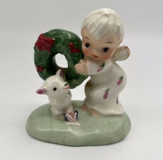 1956 Napco Itsy Bitsy Christmas Angel Figurine With Wreath And Lamb - 3 Inch