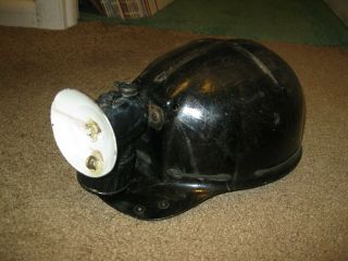 Vintage Fiberglass Coal Miner Hard Hat/helmet With Justrie Lamp