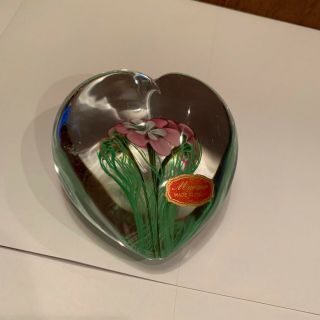 Decorative Heart Murano Art Glass Paperweight Clear With Pink Flower