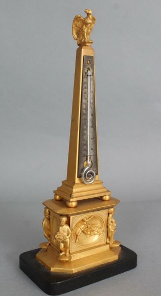 19thc Antique French Empire Dore Gold Bronze Obelisk Thermometer Eagle Cherubs