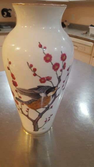 Franklin Porcelain The Heralds Of Spring Vase Ryu Okazaki 1981 Japan Chickadee