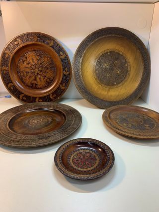 Set Of 5 Vintage Carved Wood Decorative Plates