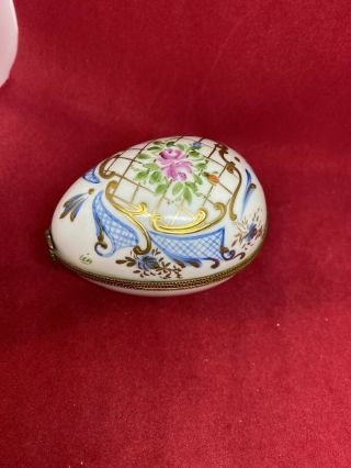 Limoges France Enameled Egg Shape Hinged Trinket Box White And Gold With Florals