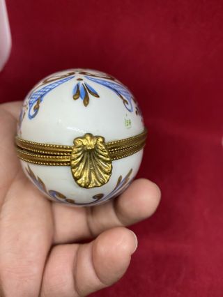 LIMOGES FRANCE enameled Egg Shape hinged Trinket Box White and Gold with Florals 2