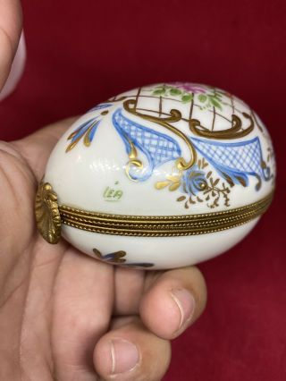 LIMOGES FRANCE enameled Egg Shape hinged Trinket Box White and Gold with Florals 3