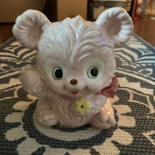 Rare Vintage Lefton Pink Ceramic Baby Bear Planter Japan Figurine Kitschy Flower