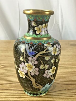 Vintage Chinese Enamel On Brass Cloisonne Vase Floral Motif Bird