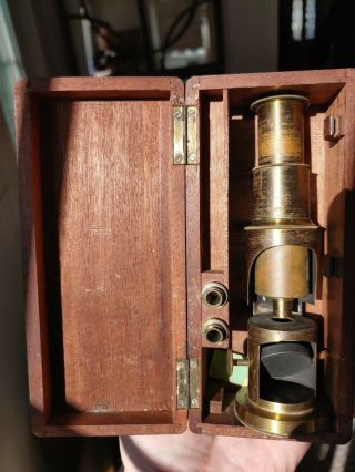Vintage Brass Portable Microscope W/ Wooden Carrying Case 2