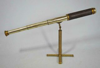 Fine Antique 3 Draw Brass Telescope On Table Stand 1850 Marine Boat Yacht