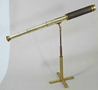 FINE ANTIQUE 3 DRAW BRASS TELESCOPE on TABLE STAND 1850 marine boat yacht 3