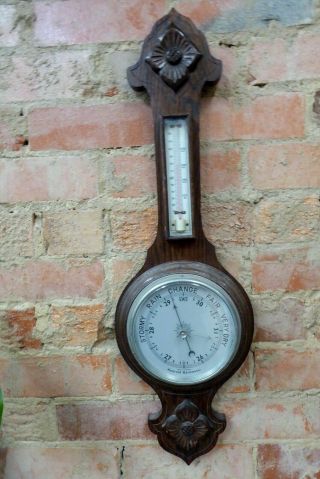 Antique Wall Oak Banjo Anderoid Barometer Thermometer Made In England