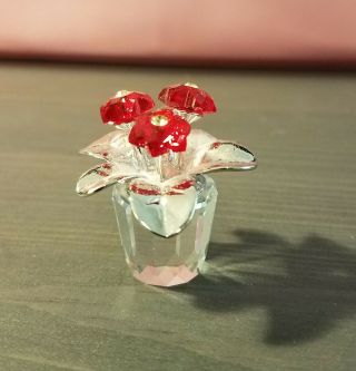 Swarovski Crystal 3 Red Flower Pot Figurine With Silver Leaves