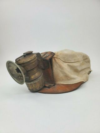 Vintage Coal Miners Cloth Hat With Guy Dropper Carbide Lamp