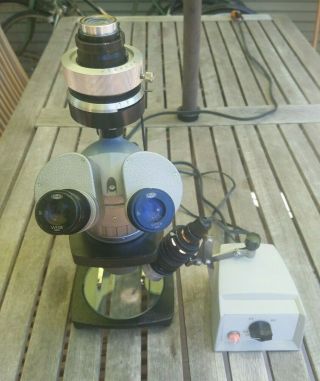 Vintage Olympus Microscope With Light Source And Bausch & Lomb Camera Attachment