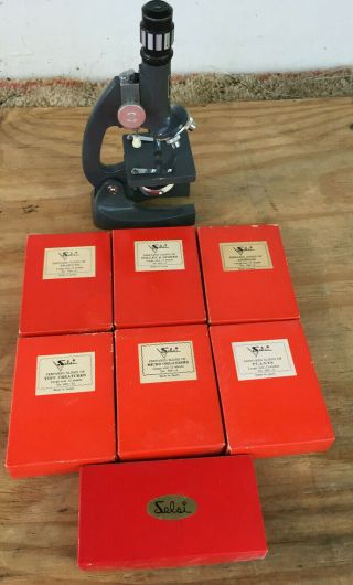 Vintage Selsi Microscope 50x - 900x & 7 Boxes Of Prepared Slides