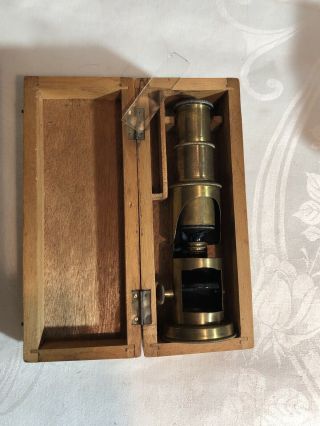 Antique French Brass Drum Field Microscope Fitted Wood Case