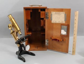 1909 Antique Brass Ernst Leitz Wetzlar Microscope Model 123049 Carrying Case Nr