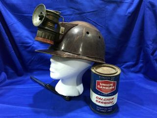 Vtg Tiger Striped Miners Hat With Shanklin Carbide Lamp 2lb Calcium Carbide Can
