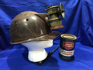 VTG Tiger Striped MINERS HAT WITH SHANKLIN CARBIDE LAMP 2lb Calcium Carbide Can 2