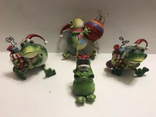 Animated Ceramic Frog/toad Christmas Ornaments W/ Dangling Legs Collectible 4 Pc