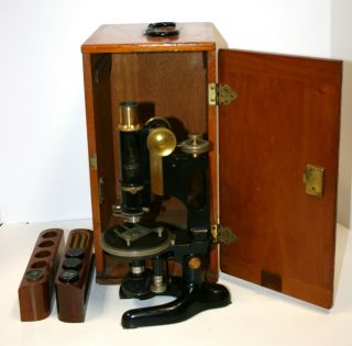 Antique Bausch & Lomb Polarizing Microscope W Wood Case & Objectives