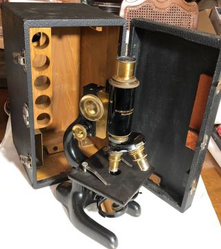 Antique 1915 Bausch Lomb Microscope W/ Walnut Wood Case W/ Key