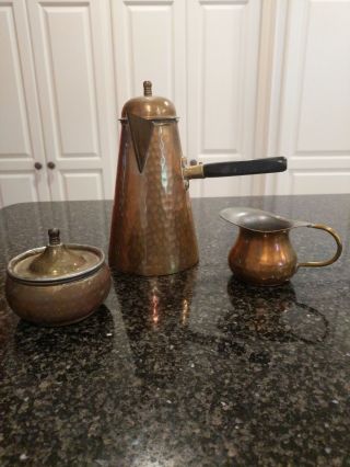 Antique Brass Coffee Pot Teapot Wooden Handle Creamer And Sugar Bowl