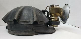Vintage Leather Turtle Shell Miners Hat Helmet With Brass Justrite Carbide Lamp