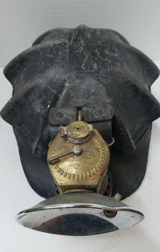 Vintage Leather Turtle Shell Miners Hat Helmet With Brass Justrite Carbide Lamp 3