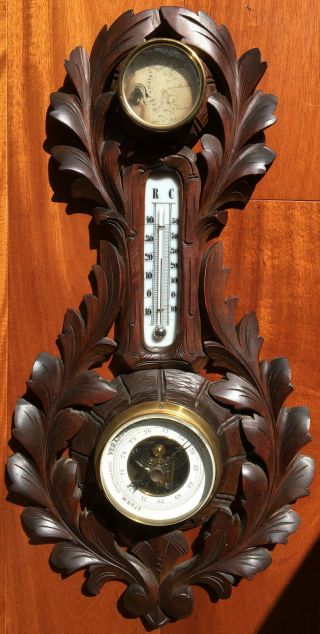 Black Forest Style Weather Station Carved Wood Barometer Thermometer Hygrometer