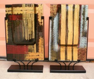 2 Designer Vases Black Metal Frames Glass Inserts,  Gold,  Red,  Black,  White,  Gray