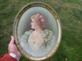 Antique Tin Litho Serving Tray Roses Victorian Girl Dress Jewelry Beer Ice Cream