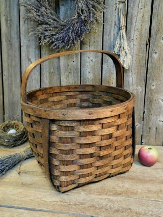 Unique Early Antique Primitive Wooden Farmhouse Gathering Basket Aafa