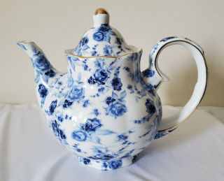 Antique Reflections By J.  Godinger & Co Teapot Blue Floral Gold Trim