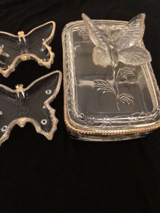 Vintage Glass Trinket Jewelry Box With Two Jewelry Dishes Butterflies