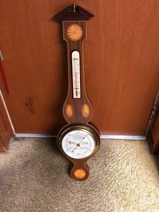 34” Sheraton Inlaid Mahogany Short & Mason Banjo Barometer Thermometer England