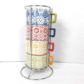 Pier 1 Imports 4 Stacking Coffee Cups Ceramic Tea Mugs Metal Holder Stackable