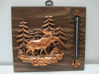 Vintage Wall Thermometer 3 - D Moose In Forest Perfect For Cabin Lake Home