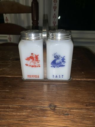 Vintage Milk Glass Salt,  Pepper Shakers Dutch Boy/girl Windmill 4.  5” Inches