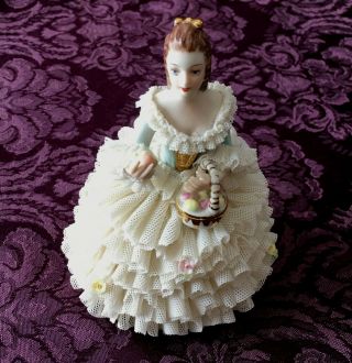 Irish Dresden - Delicious Ireland Figurine,  Girl W/apple Basket - Lace Dress